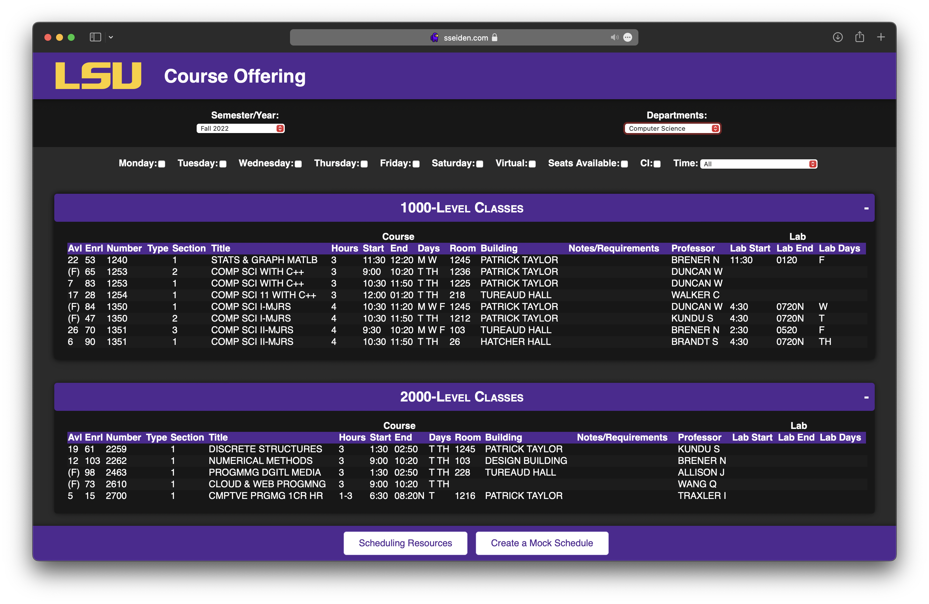 A screenshot of our revamped schedule booklet, showing various courses being displayed