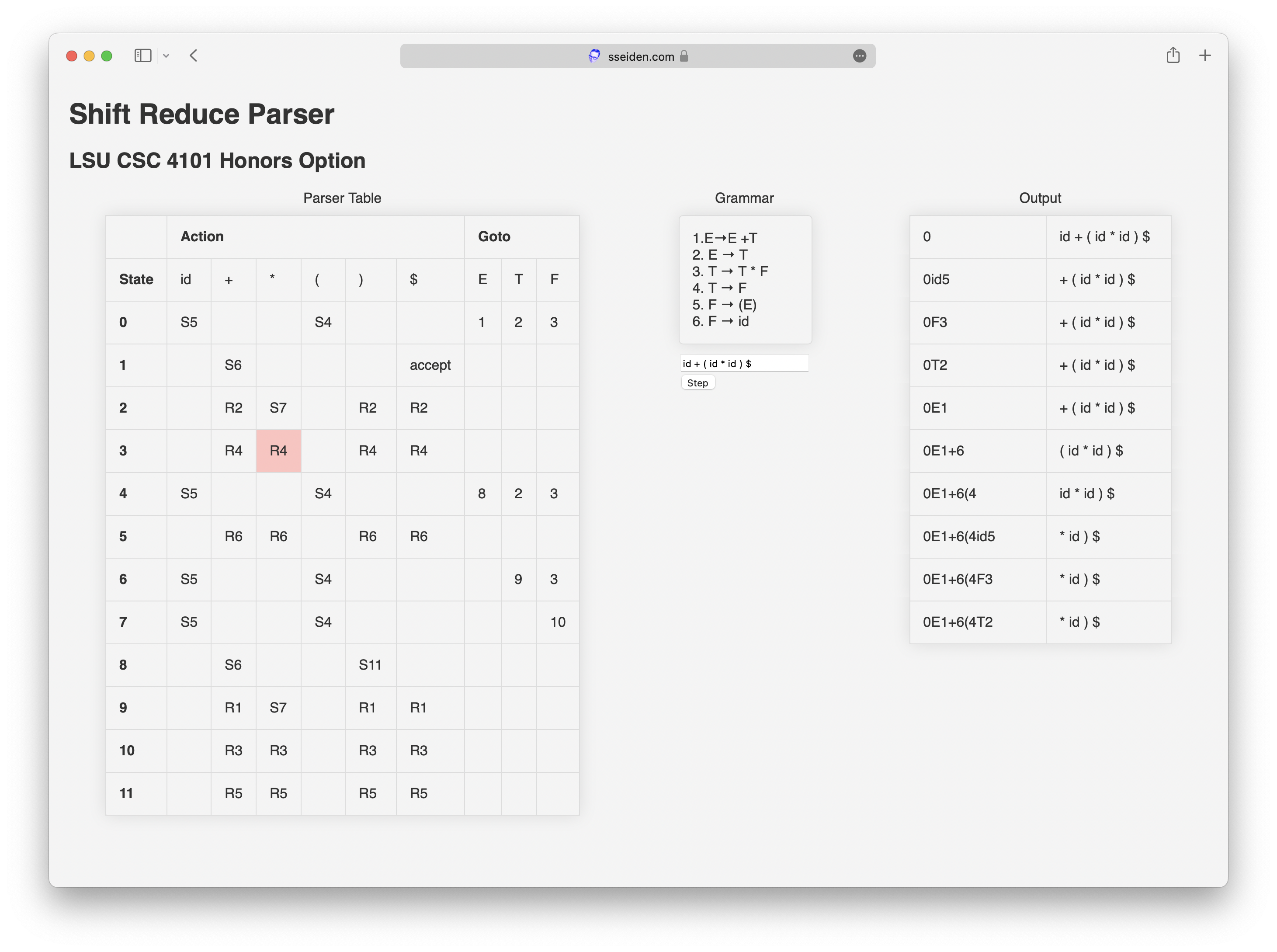 A screenshot of my Shift Reduce Parser Calculator